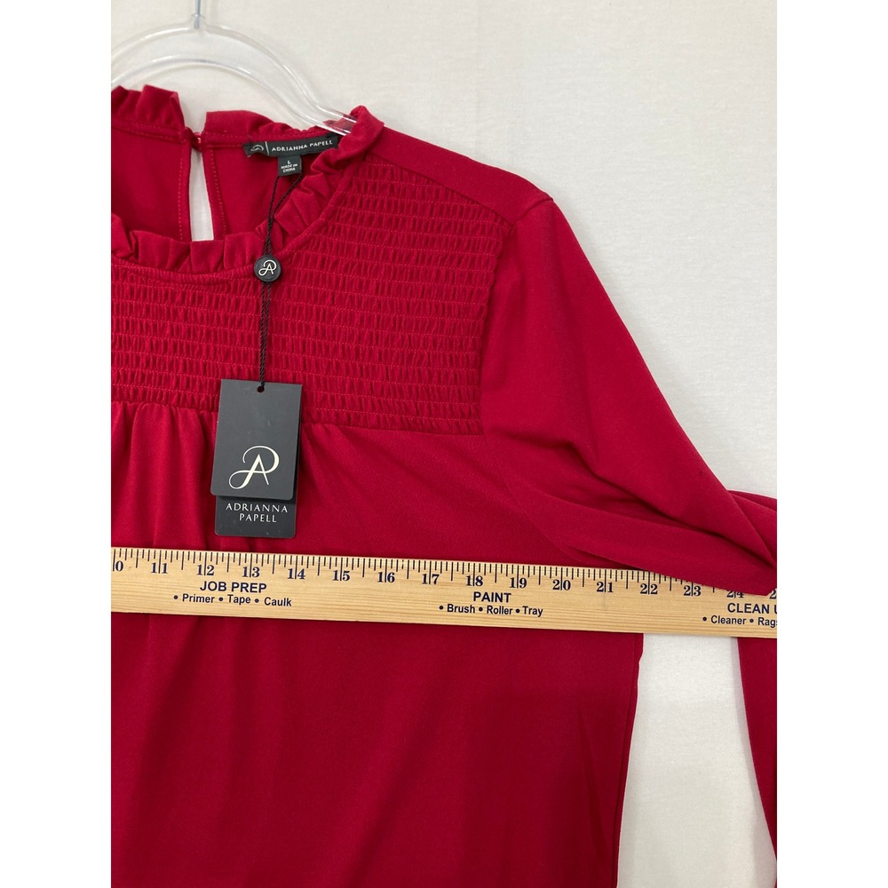 New Adrianna Papell Blouse Large Red Smocked Ruffle Neck Long Sleeve Preppy - Picture 5 of 9
